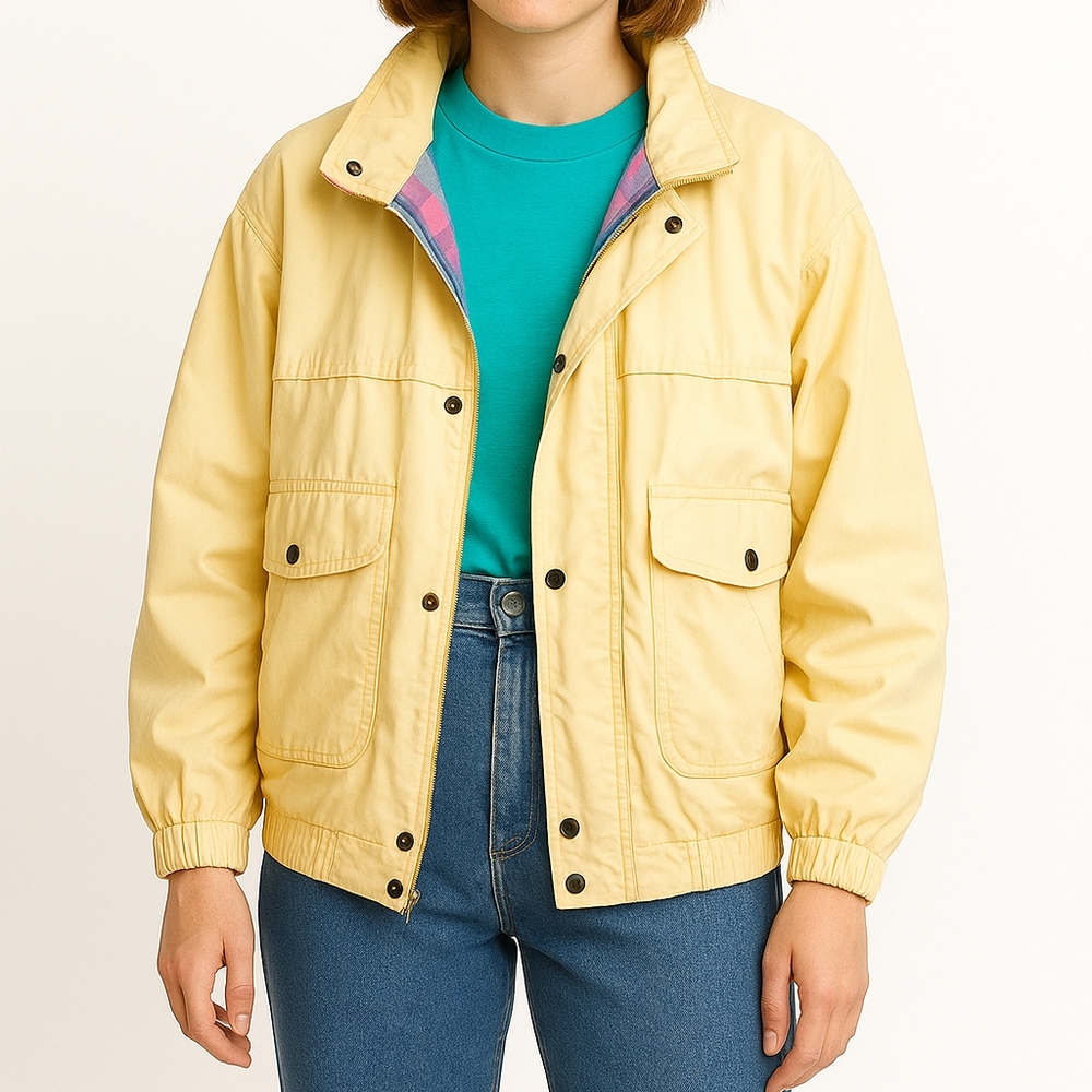Vintage 80s Brooks Pastel Yellow Cotton Jacket Plaid Lined Hooded Utility Large